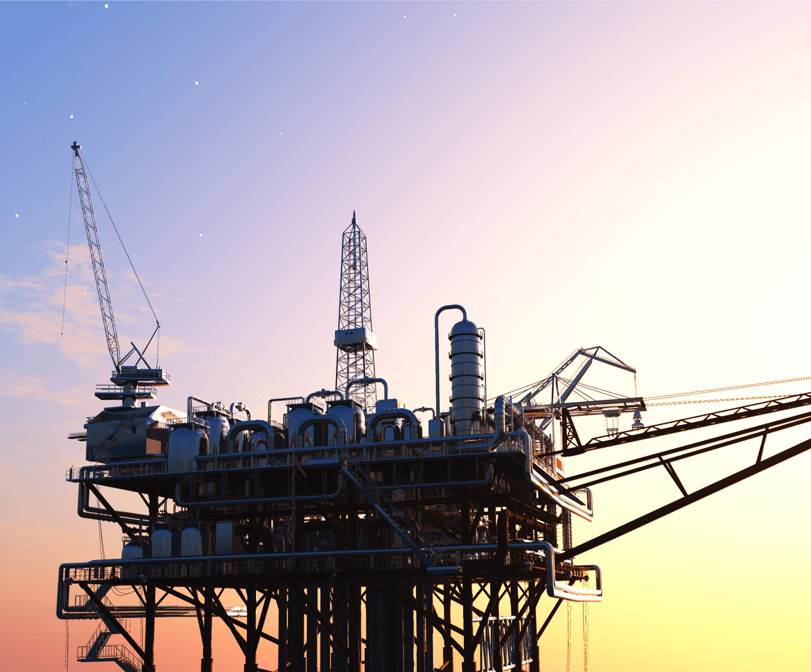 Offshore oil platform with sunset in background.